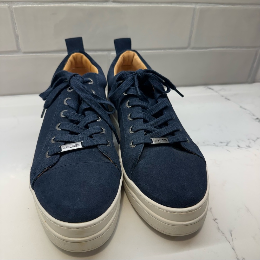 J/Slides NYC Navy Suede Platform Sneakers Lace Up Leather 8.5